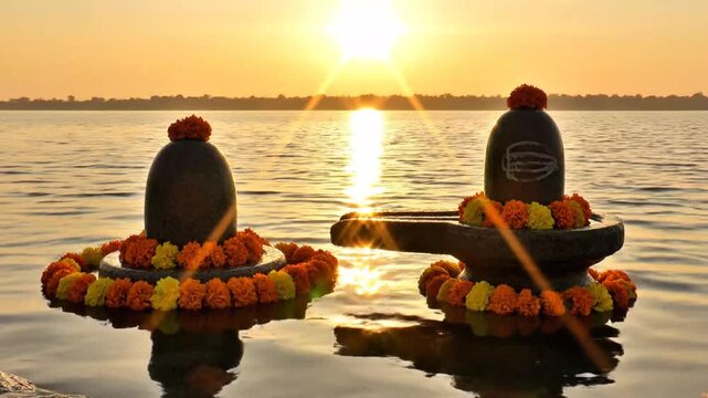 Serene Sunset over Water with Floating Murti and Floral Decorations Illustrating Tranquility and Cultural Beauty of Sunset View