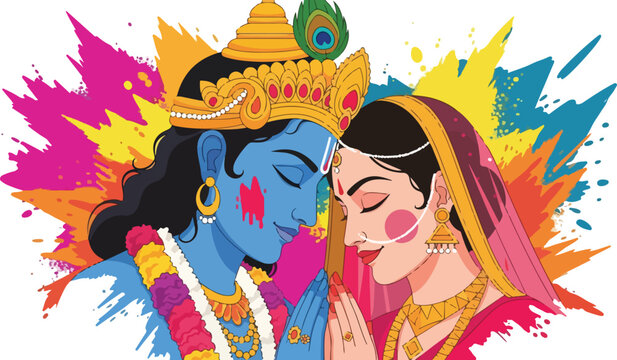 Illustration of a blue-skinned deity and a woman in traditional Indian attire celebrating Happi Holika Dahan with colorful paint splashes