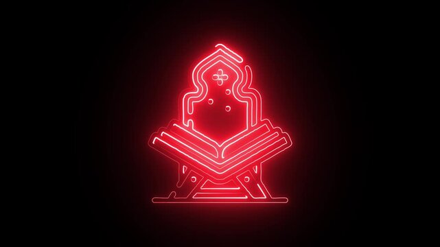 Neon glowing Quran book with red light in dark background Islamic holy scripture digital art minimalist worship symbol