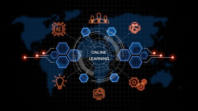 glowing online leaning. button in German on a futuristic, abstract. concept. Work performance is influenced. Abstract neon Hud knowledge ability business gear icon Glowing neon line concept.