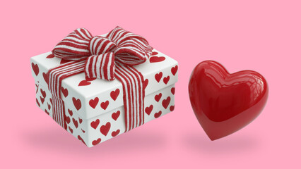 White gift box with red hearts on pink background, created AI