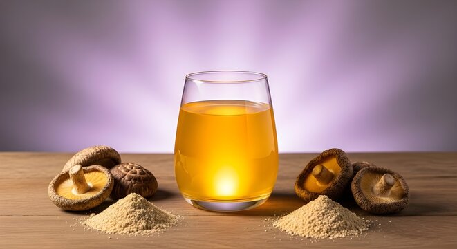 Golden adaptogenic mushroom elixir glows in a modern glass on rustic  brown wood, surrounded by powder and shiitake, radiating natural wellness  purple wall background 