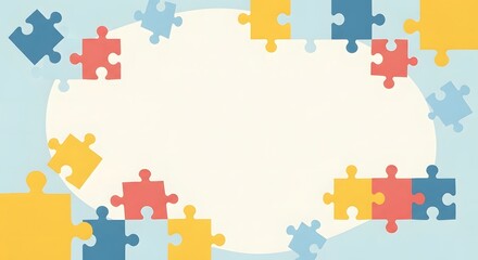 Naklejka premium Colorful puzzle pieces scattered around a blank white space on a light blue background with autism awareness symbols.