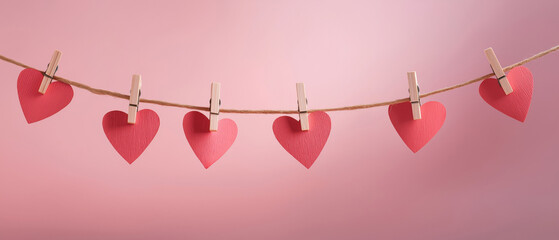 Obraz premium Red heart cutouts are displayed on a string, created AI