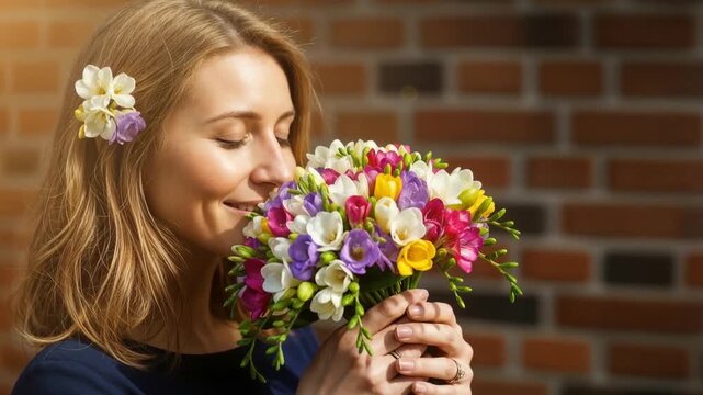 Woman with beautiful bouquet of freesia flowers on brick wall background