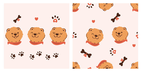 Obraz premium Cute dog face illustration set with paw prints, bones, and heart elements, featuring playful expressions and seamless pattern design in soft pastel tones for petthemed stationery and children graphic.