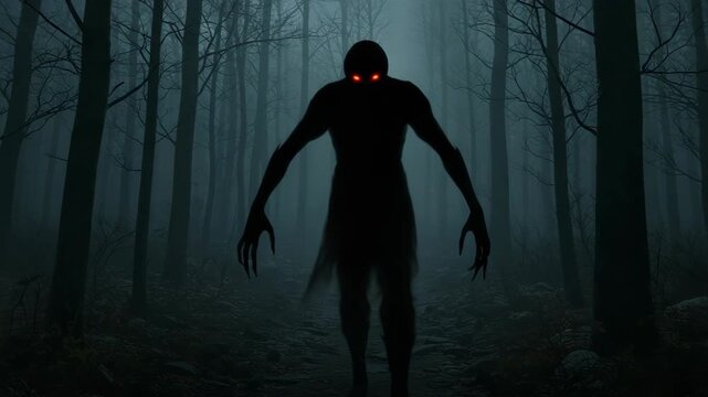 Silhouette of a Terrifying Figure with Glowing Red Eyes Emerging From a Misty Forest with Towering Trees and Ominous Atmosphere