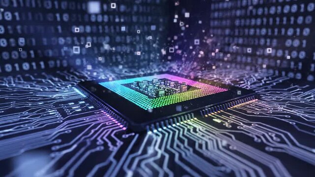 Microchip on a circuit board with a rainbowcolored surface and binary code in the background