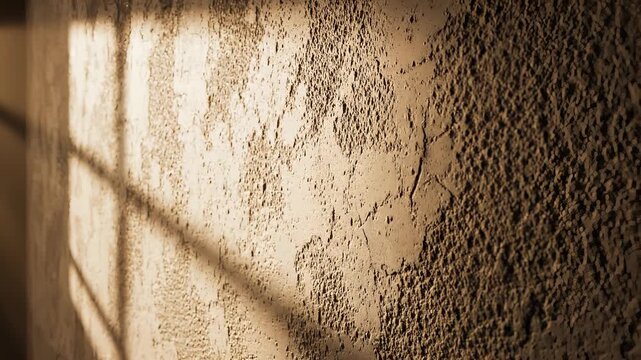 Close-up of a weathered wall with sunlight and shadows.