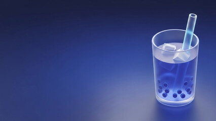 A clear glass filled with blue-colored boba tea, containing ice cubes and tapioca pearls, with a light blue straw. The drink is set against a vibrant blue gradient background, highlighting the refresh