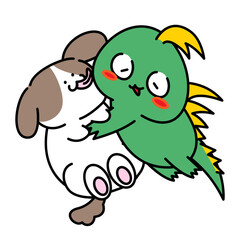 Obraz premium 犬に甘えるチュパカブラのイラスト｜なかよし・信頼・スキンシップのイメージ