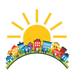 Obraz premium Harmonious Community Life Under a Bright Sun, Diverse People in a Loving Townscape Illustration