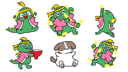 Obraz premium ペンライトで推し活をするチュパカブラと犬のキャラクターイラストセット