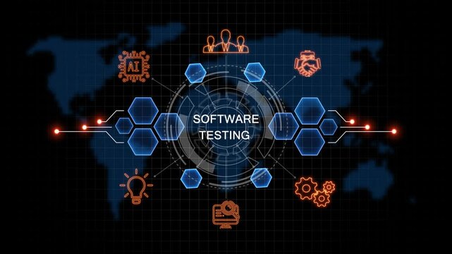 glowing software testing. button in German on a futuristic, abstract. concept. Work performance is influenced. Abstract neon Hud knowledge ability business gear icon Glowing neon line concept.