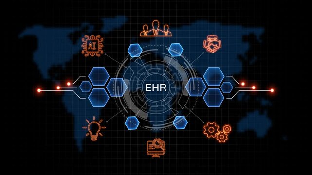 glowing EHR. button in German on a futuristic, abstract. concept. Work performance is influenced. Abstract neon Hud knowledge ability business gear icon Glowing neon line concept.