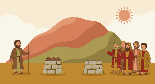 A Choice on the Mountain
Illustration prompt:

Flat vector illustration of Mount Carmel as a soft, rounded hill. Elijah stands on one side smiling calmly, while the prophets of Baal stand together on 