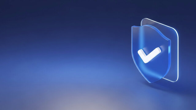 A translucent blue shield with a white checkmark inside, representing concepts like security, trust, and approval.