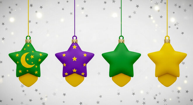Four colorful hanging star-shaped holiday ornaments with festive patterns dangle against a bright, sparkling background.