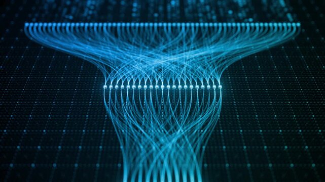 Cyan light cone flowing into a structured grid. Data aggregation, feature store and model input layer
