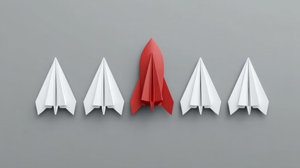 Vibrant Red Paper Airplane Standing Out Among White Paper Airplanes in a Minimalist Gray Background