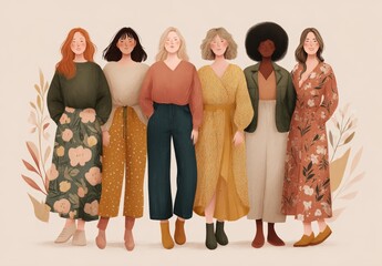 Fototapeta premium International Women's Day spotlights multi-ethnic women, a group of beautiful women of varied beauty, hair, and skin color, illustrating femininity, diversity, independence, equality, and the quest
