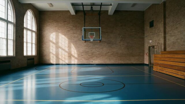 Spacious indoor basketball court with natural light and wooden bleachers for sports activities