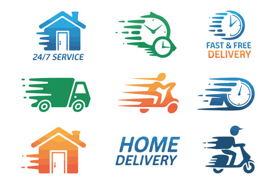 Set of delivery service icons with various transport methods and speed indications on white background