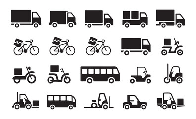 Large collection of black silhouette icons depicting various delivery vehicles including bikes and trucks