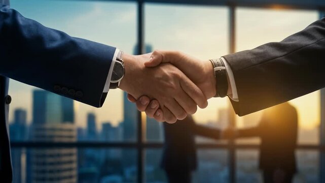 Business Partnership Agreement Handshake at Sunset in Modern Office Setting