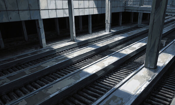 Silent Screw Synod - Conveyors row, dolly, cool glow, gunmetal shadow, aesthetic with function transport tenet, cargo vanished testament.