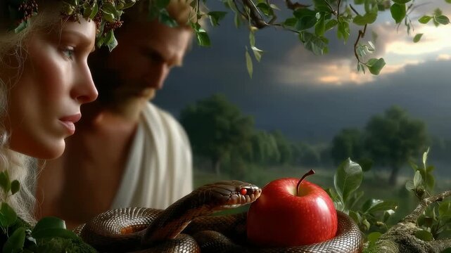 Sacred moment: Adam wander, Eve taste, snake speak, fruit shine, Eden close, guilt bloom, command test, spirit cry, myth birth, fall echo, judgment pass, belief hold