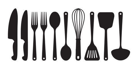 Cooking utensils silhouettes featuring spatula whisk ladle spoon forks and knives for kitchen design projects © Md