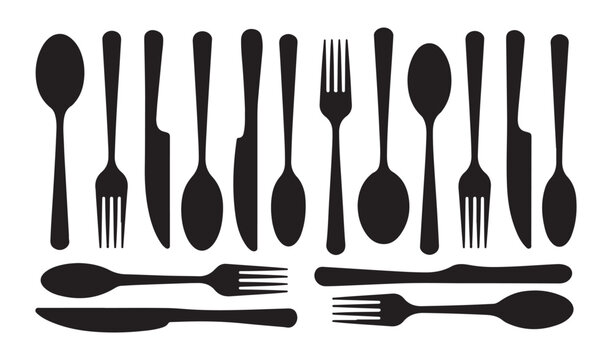 Large collection of black silhouette dining utensils featuring various forks spoons and knives vector illustration