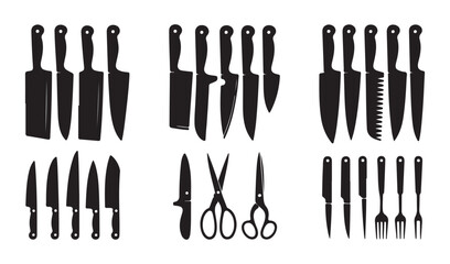 Chef kitchen knives silhouettes set collection including cleaver santoku utility paring and carving cutlery
