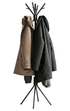 Metal coat stand with hanging brown and black winter jackets on a transparent background
