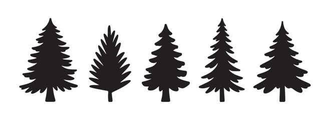 Set of five various black silhouetted evergreen fir trees isolated on white background for design element © Habib Stocker