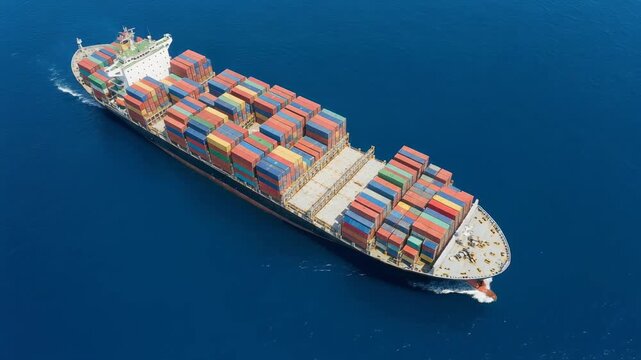 Vibrant cargo ship loaded with colorful containers sailing across deep blue ocean waters