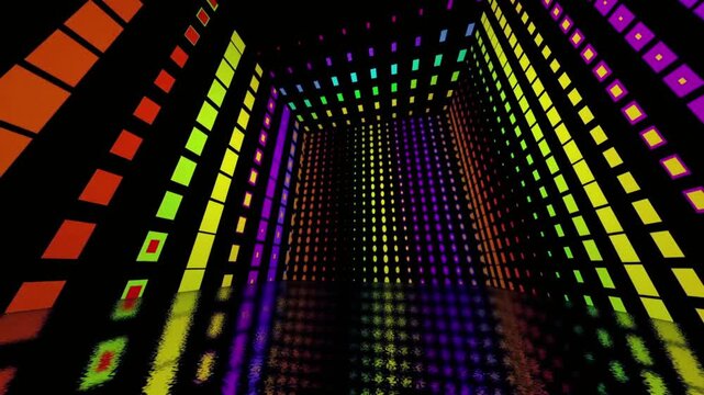 Colorful abstract vector illustration of a digital music equalizer pattern featuring pink LED lights and retro disco dots on a black technology backdrop design