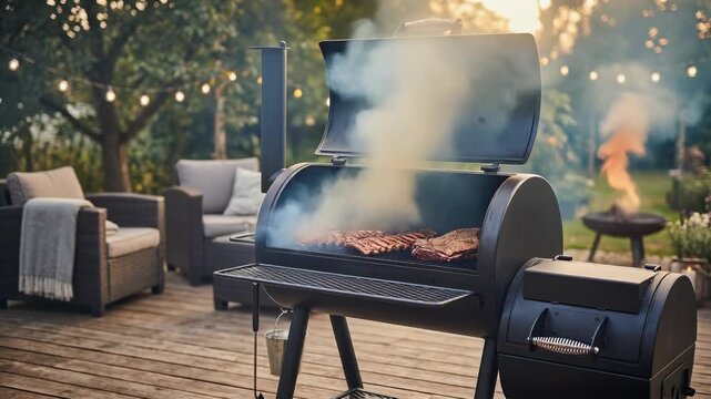 Delicious Barbecue Ribs Cooking on a Smoker Grill in a Cozy Outdoor Setting