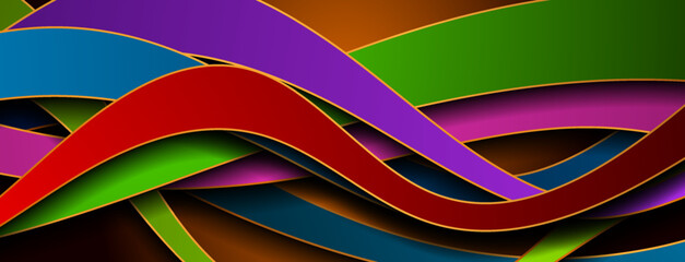 Colorful waves with golden outline abstract minimal background. Vector corporate banner graphic design
