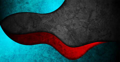 Blue and red abstract waves on the black grunge wall texture background. Vector design