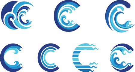 Naklejka premium Ocean Wave Letter C Logo Vector Set with Abstract Water Swirl Symbols for Surf Branding Coastal Businesses Startups and Modern Graphic Design Projects