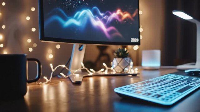 Modern Workspace Setup with Illuminated Keyboard and Monitor