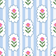 Obraz premium Retro vintage seamless pattern with flowers in frames on a striped background. Cute botanical design. Blue, pink, green and yellow colors. Vector illustration.