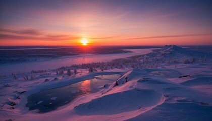 A snowy mountain landscape under a vibrant sunset, with frozen ponds and distant views