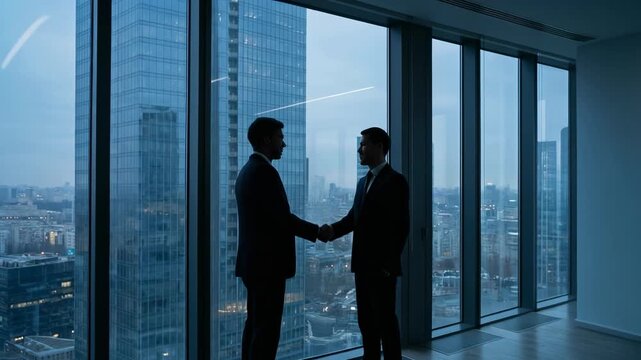 Silhouette of business professionals shaking hands in a modern office with city skyline at dusk