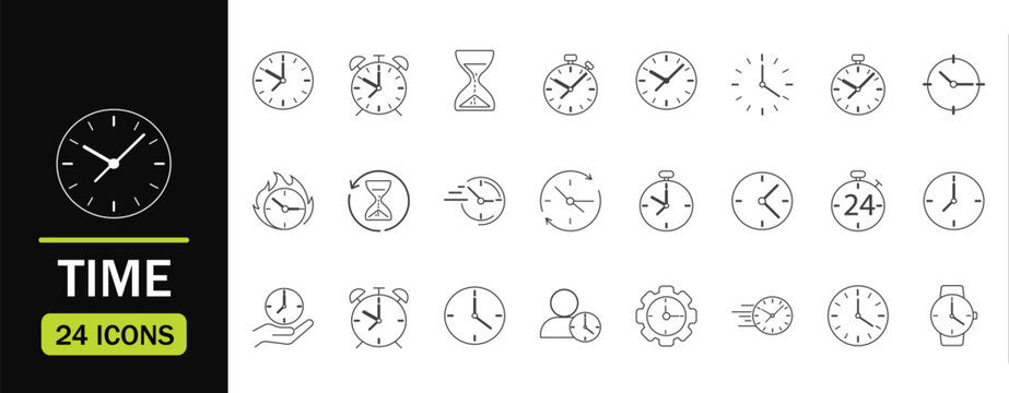 Time set of web icons in line style. Vector illustration in modern thin line style of clock related icons timer, stopwatch, alarm, time, clock and more. Linear Editable stroke.