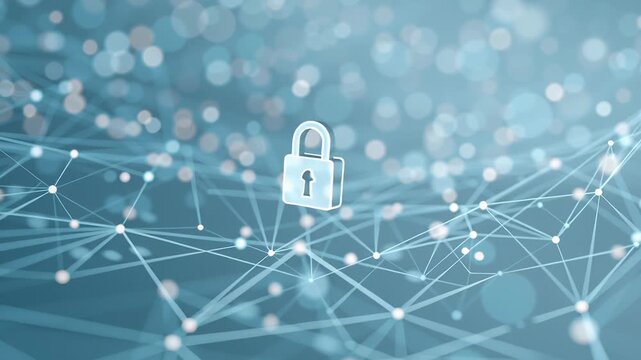 A blue background with a white key on it. Confidential data sharing ecosystem, abstract visualization balancing connectivity and protection, clean corporate editorial