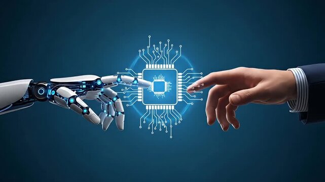 Futuristic Robot Hand Touching Human Hand Over Glowing Circuit Board Symbolizing A I and Human