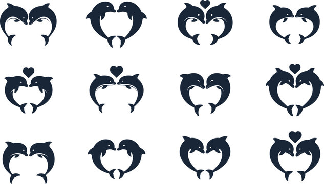 Dolphin Heart Logo Vector Set with Paired Dolphin Silhouettes and Love Symbols for Romance Wellness Eco Branding and Modern Graphic Design Projects